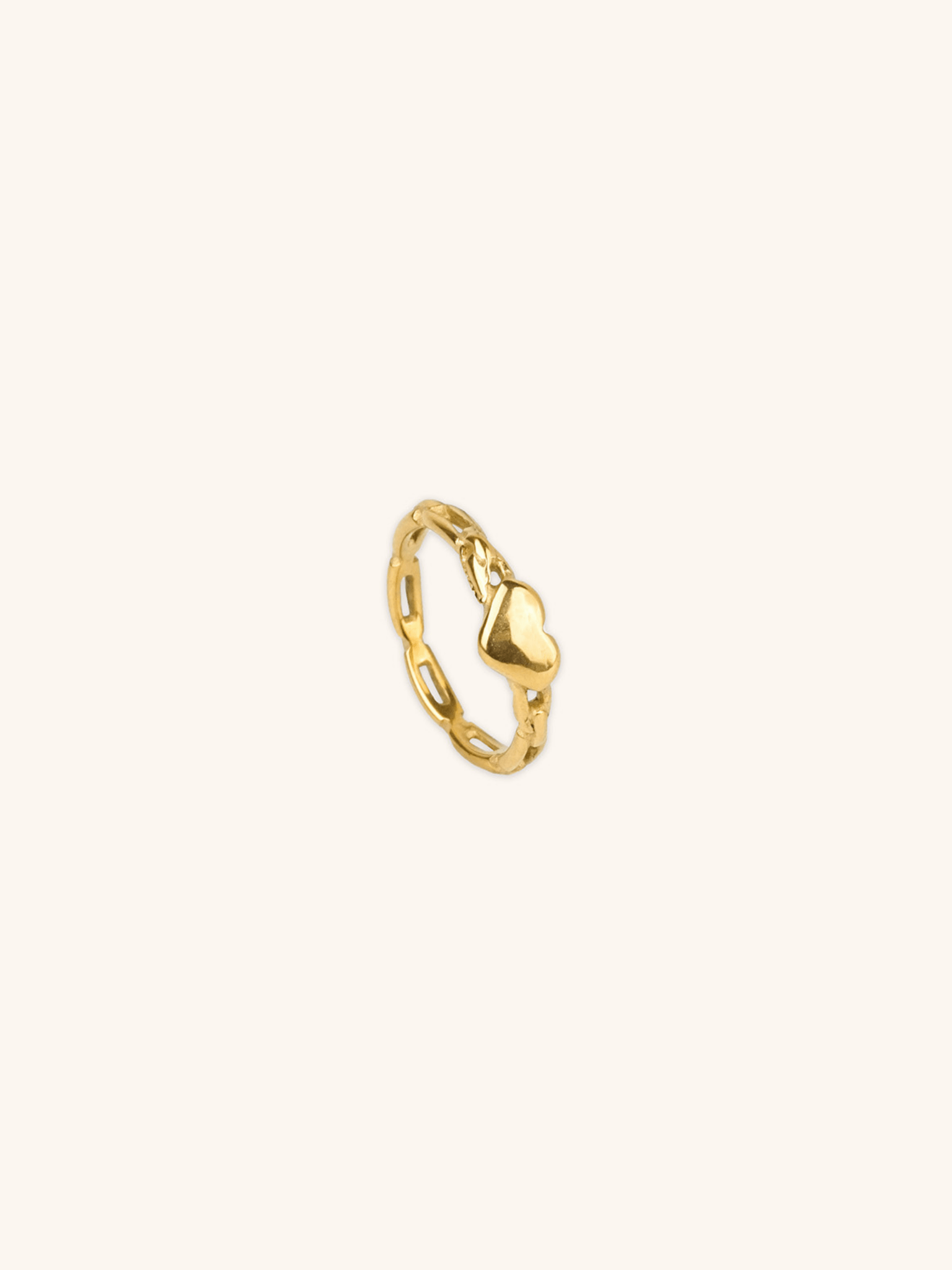 Heart Chain Ring gold tone 18K plated stainless steel, puffy heart on open link chain band, product flatlay