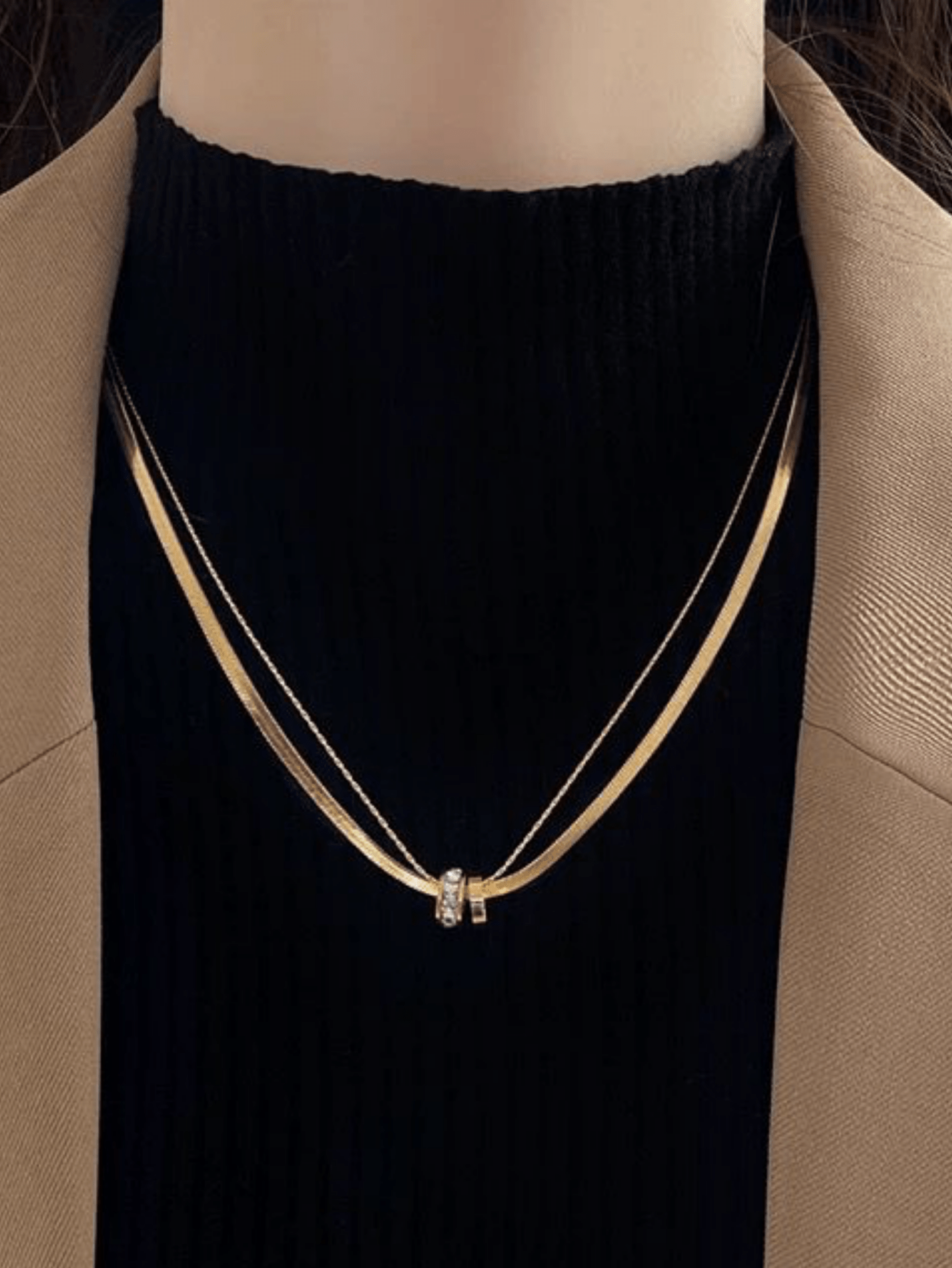 Herringbone Layered Rolling Stones Necklace gold tone worn on neck, layered titanium necklace Malaysia lifestyle