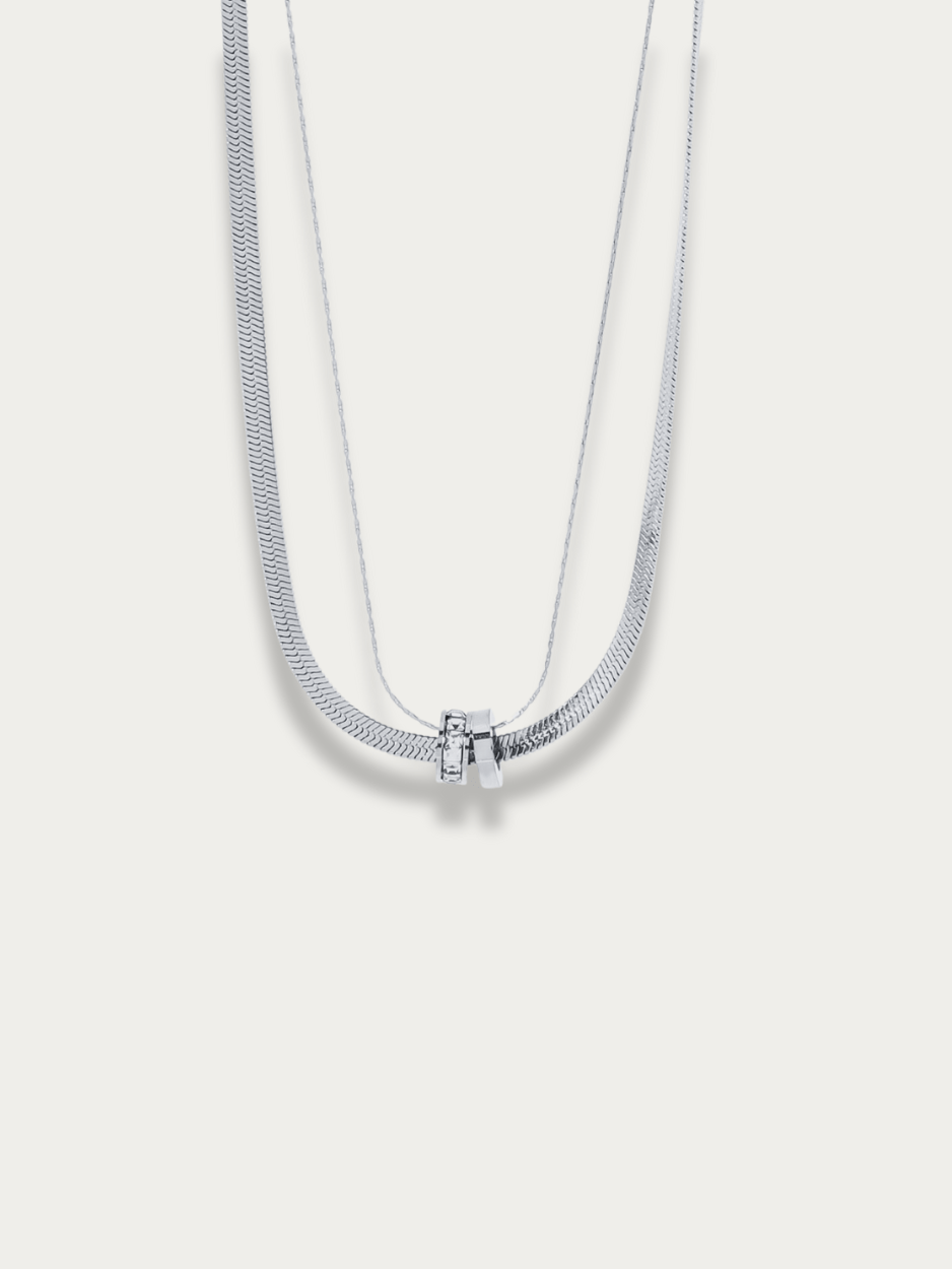 Herringbone Layered Rolling Stones Necklace silver tone worn on neck, layered titanium necklace Malaysia lifestyle