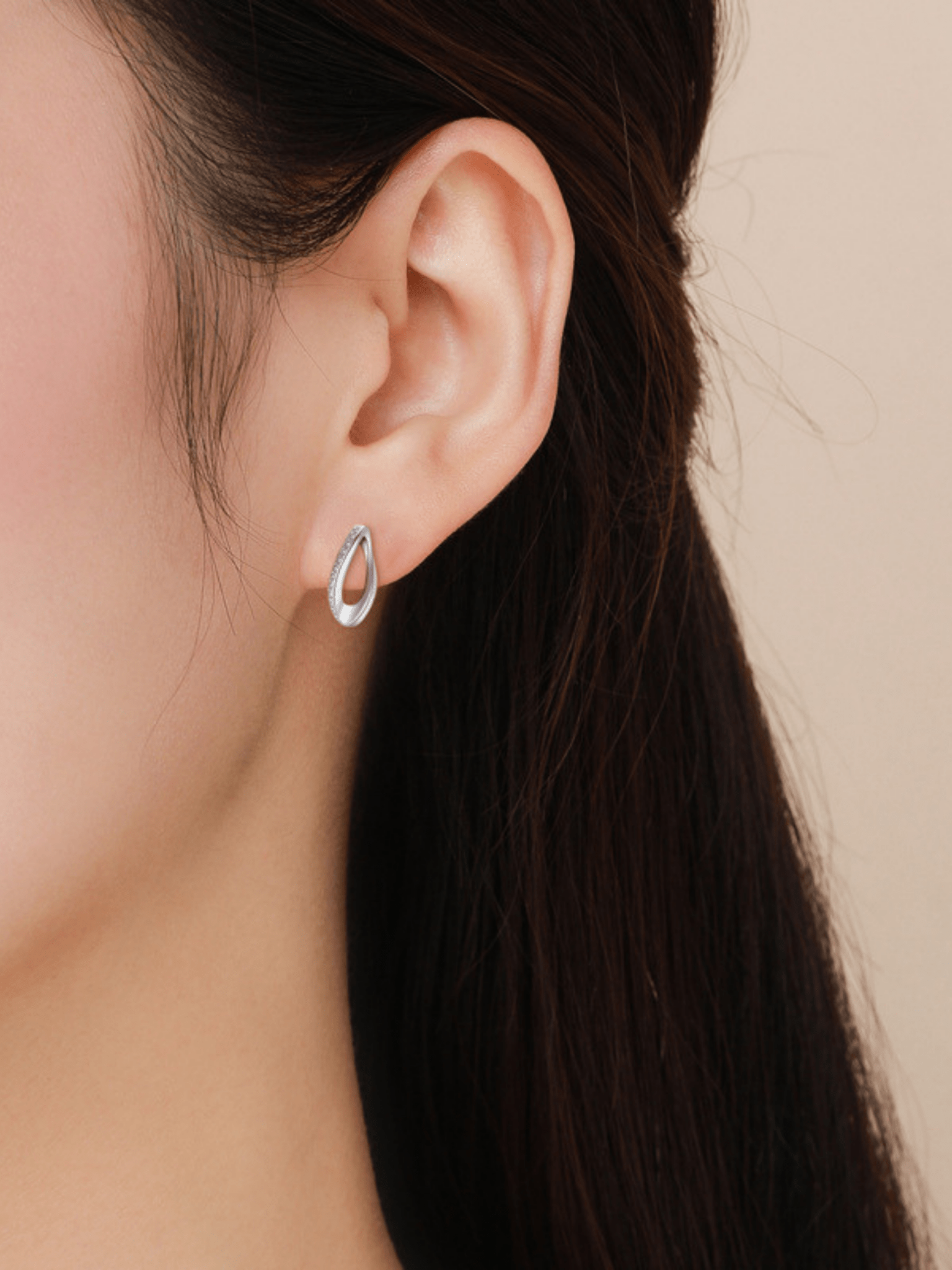 Illume Drop Earrings worn on ear, minimalist silver stud drop earrings Malaysia