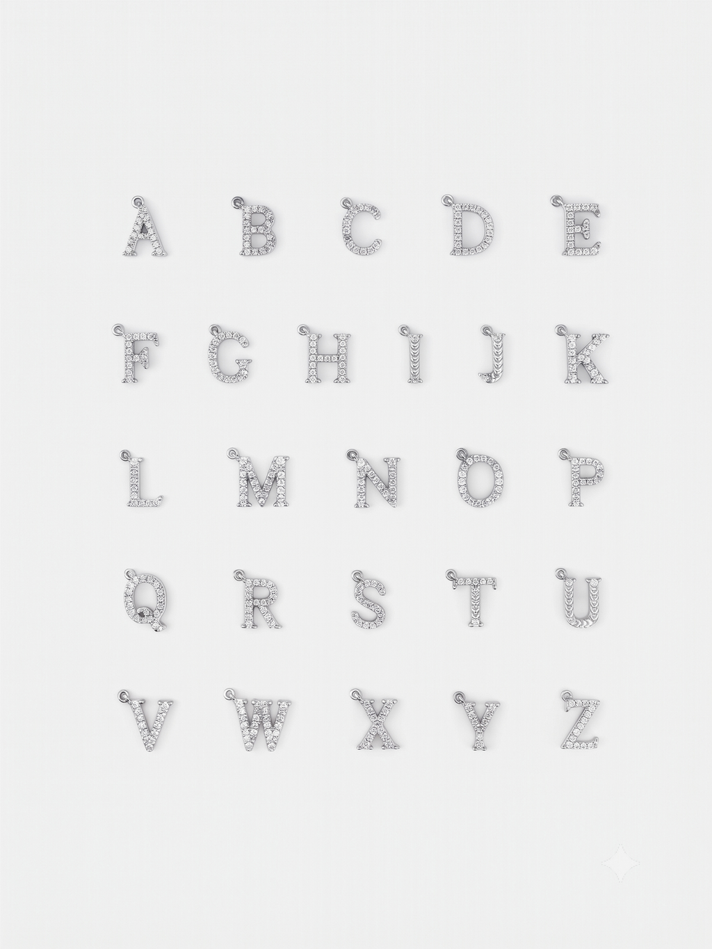 Full A to Z set of Initial Alphabet Sterling Silver Pendants in pavé cubic zirconia