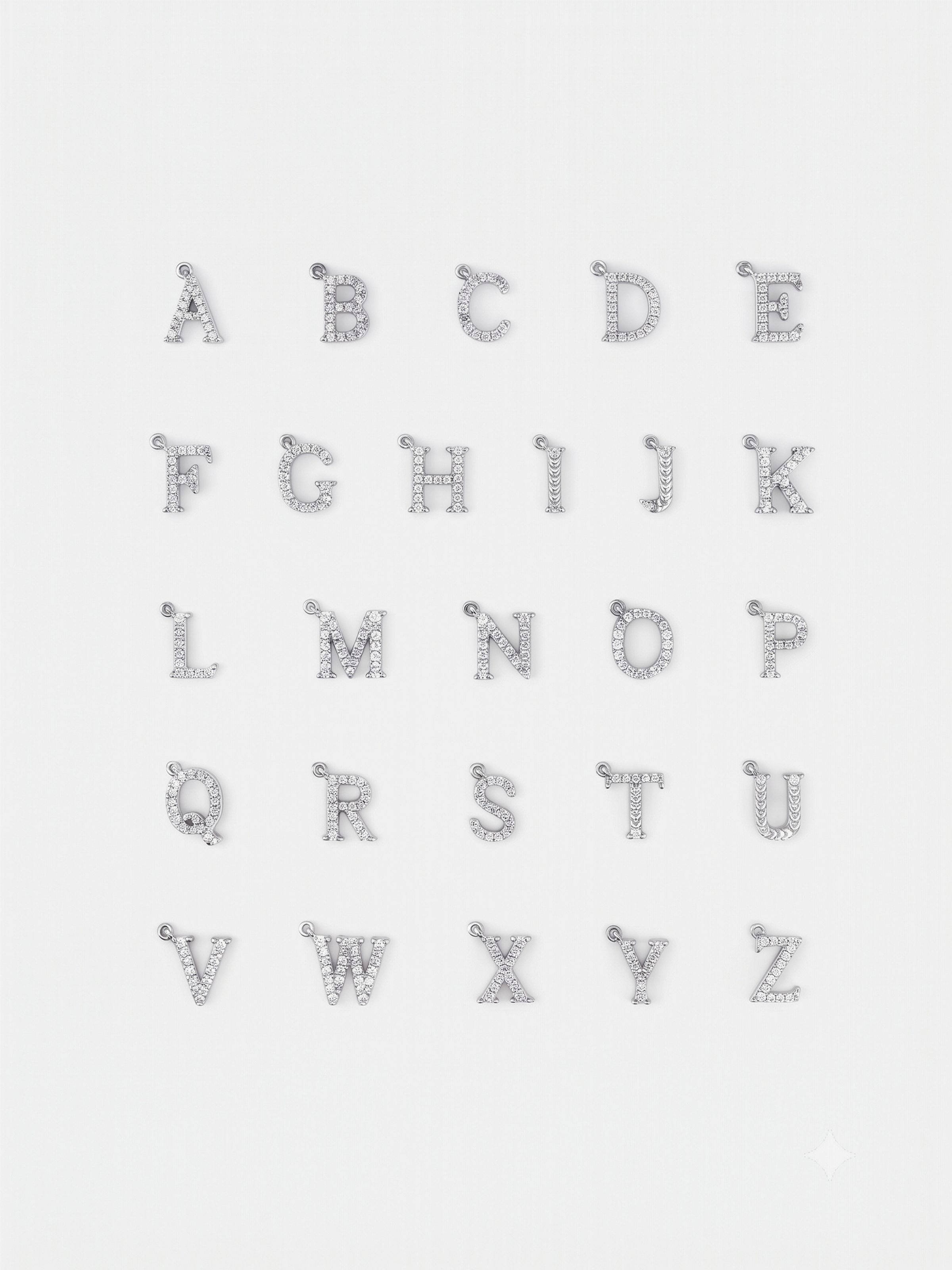 Full A to Z set of Initial Alphabet Sterling Silver Pendants in pavé cubic zirconia