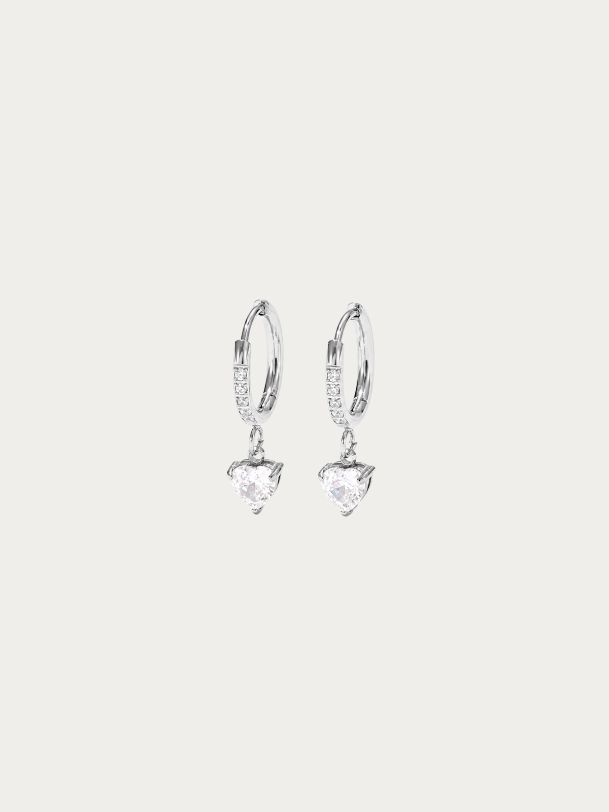 Jeanette Love Spark Huggie Earrings in silver titanium with heart-cut charm