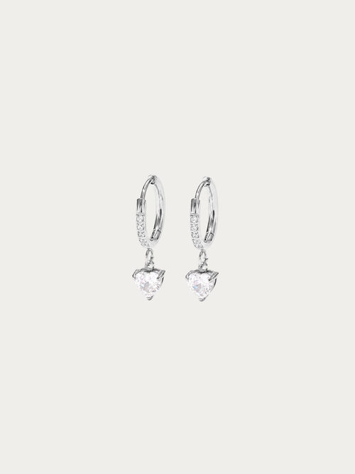 Jeanette Love Spark Huggie Earrings in silver titanium with heart-cut charm
