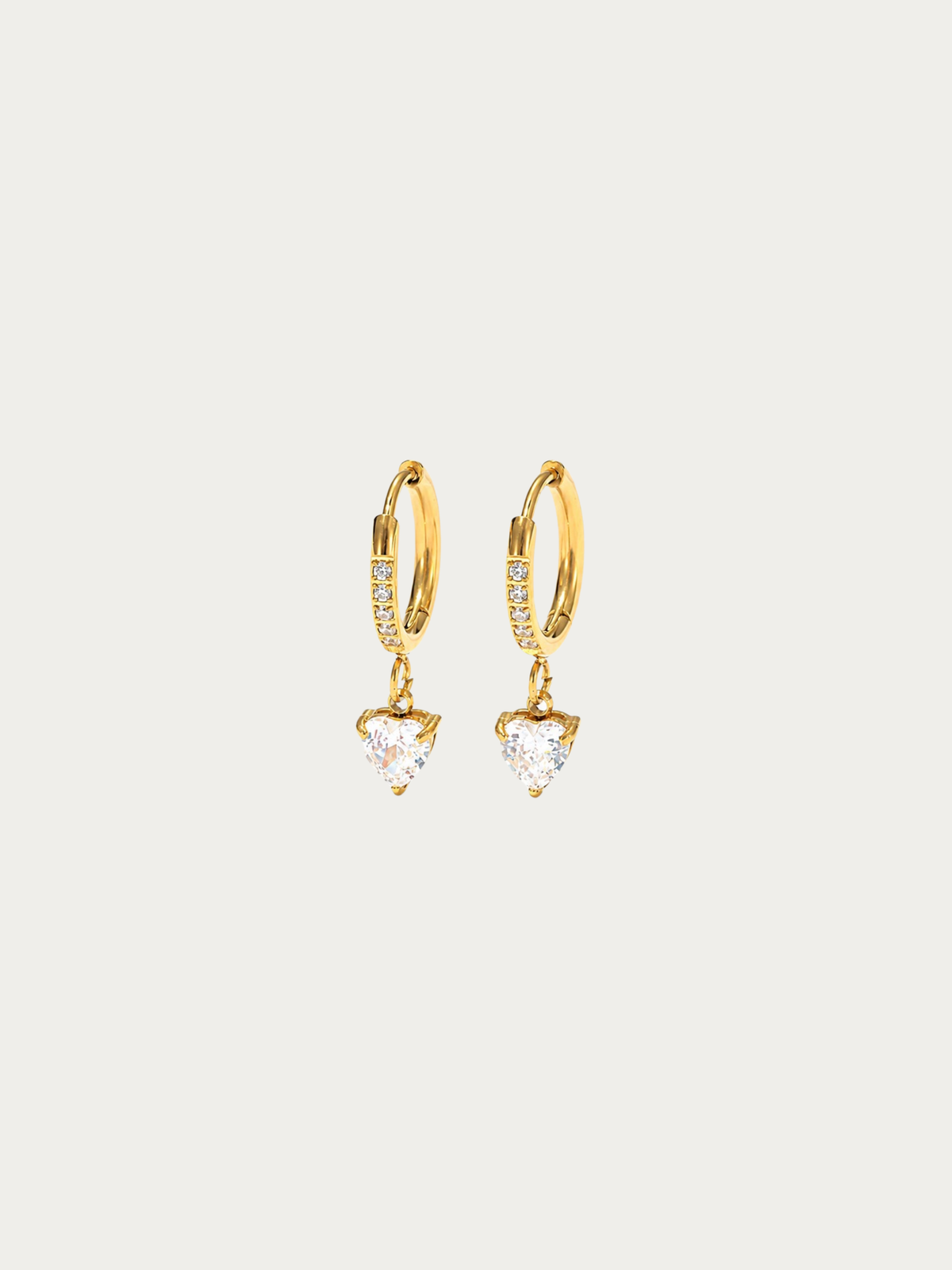 Jeanette Love Spark Huggie Earrings in gold titanium with heart-cut charm