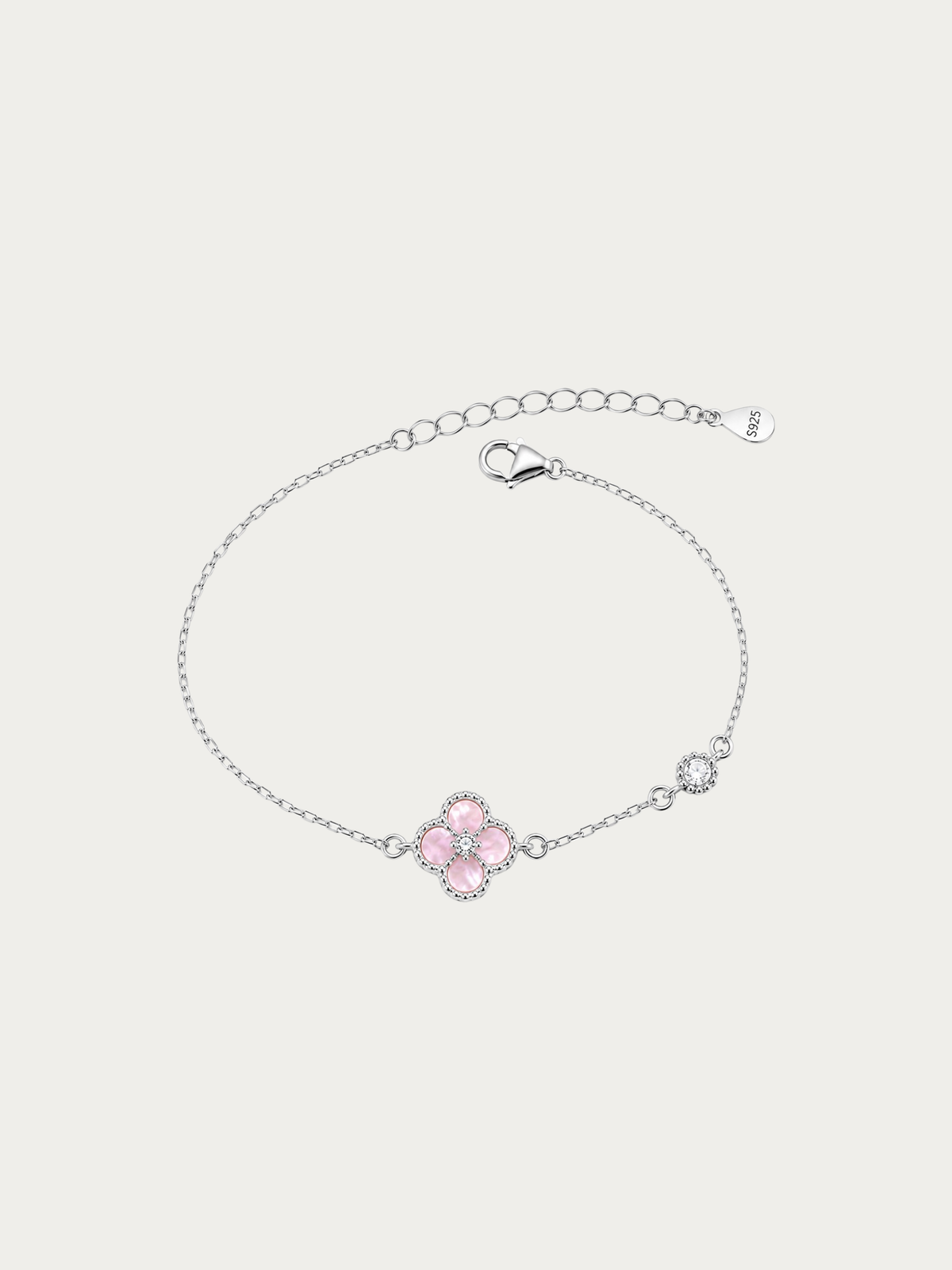 Jolie Clover Bracelet in pink Mother of Pearl with cubic zirconia accent