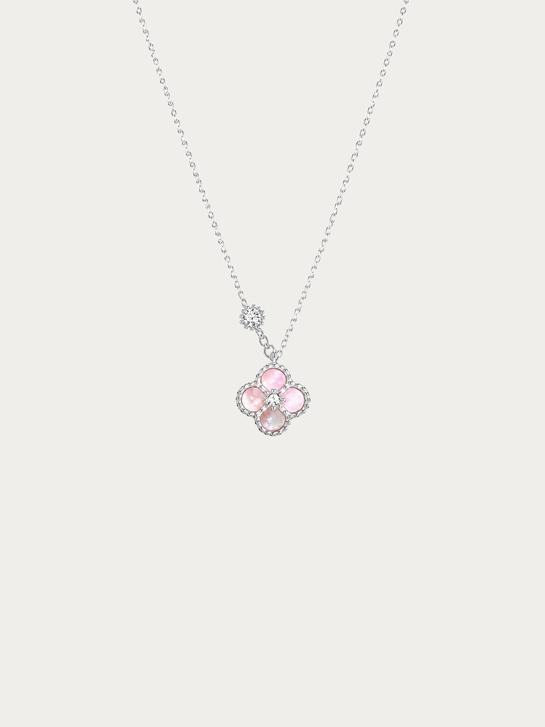 Jolie Clover Necklace in pink Mother of Pearl with cubic zirconia accent