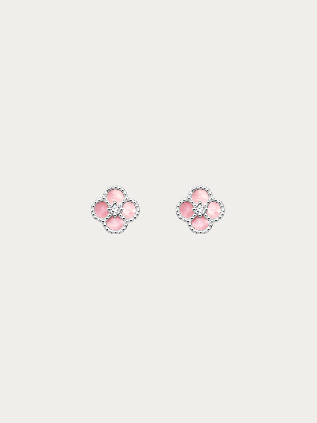 Jolie Clover Stud Earrings in pink Mother of Pearl with cubic zirconia centre