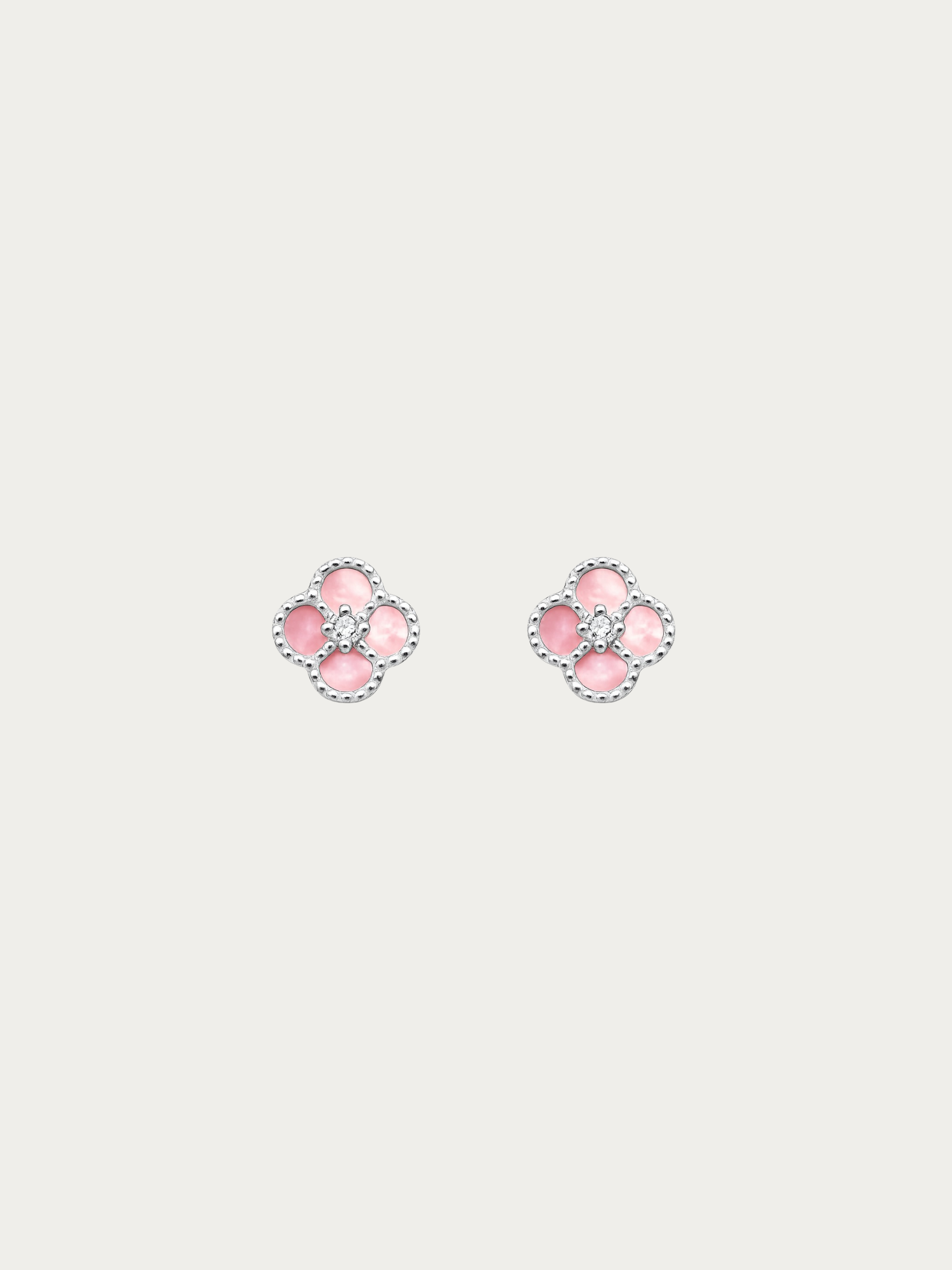 Jolie Clover Stud Earrings in pink Mother of Pearl with cubic zirconia centre