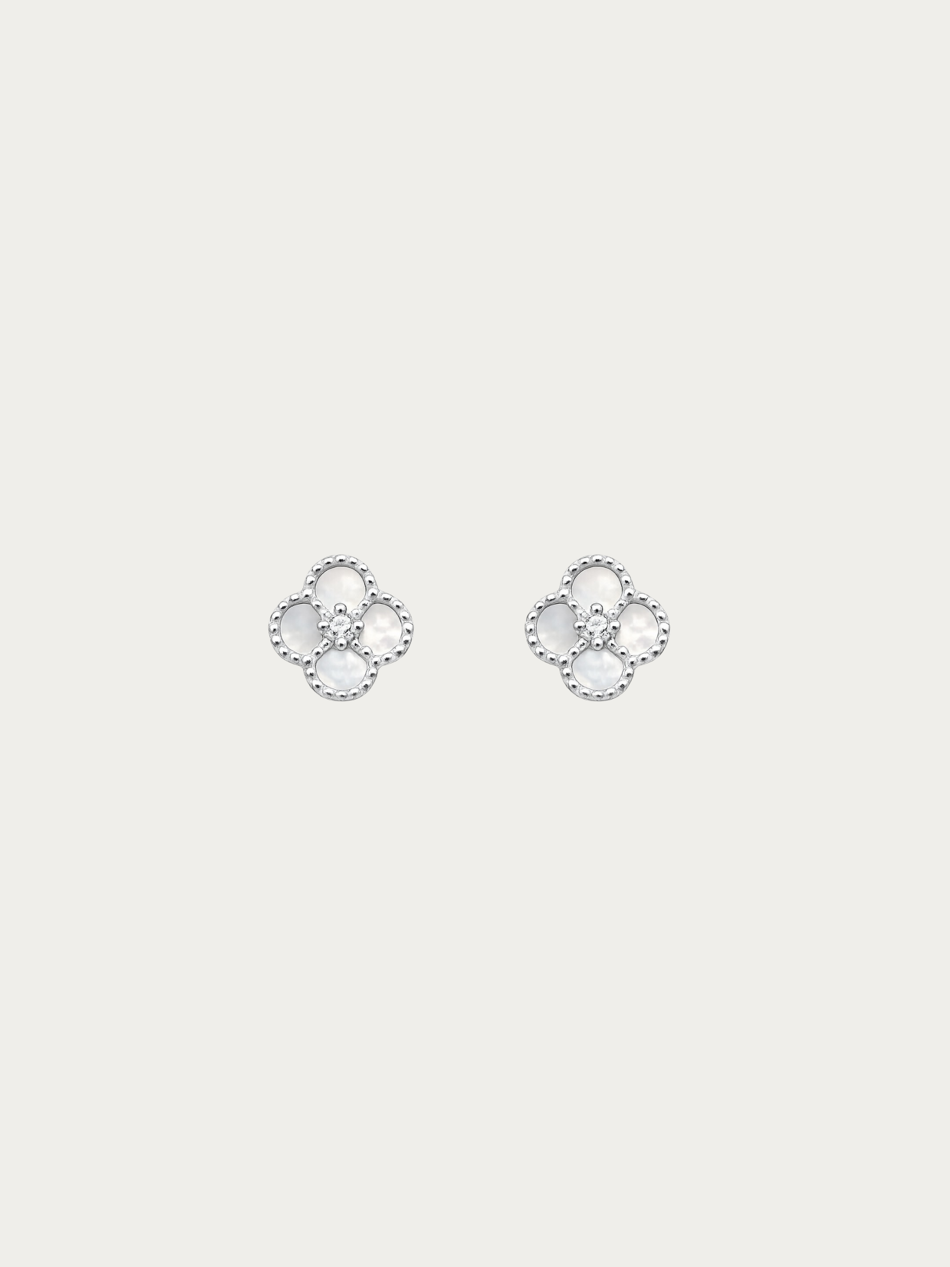 Jolie Clover Stud Earrings in white Mother of Pearl with cubic zirconia centre