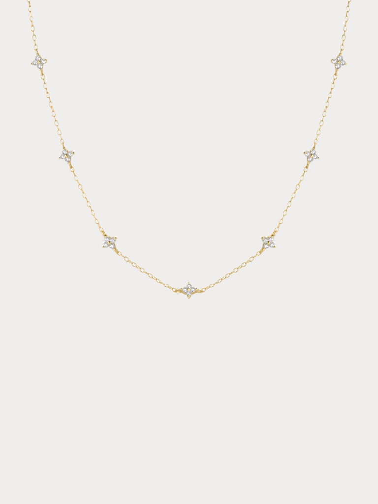 LAUREL Floral Diamonds Necklace full view, 18K gold-plated silver