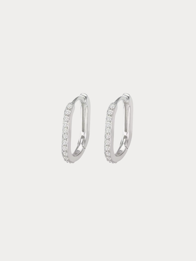 LEVI Oval Diamond Ear Hoops in silver, pair front view