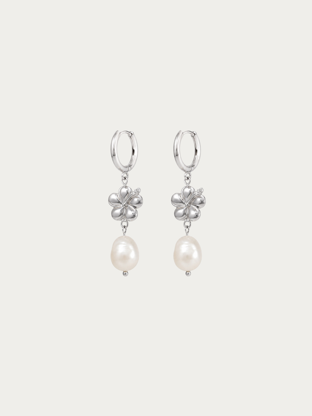 Limited Freshwater Pearl Hibiscus Hoop Earrings with pearl drop, pair