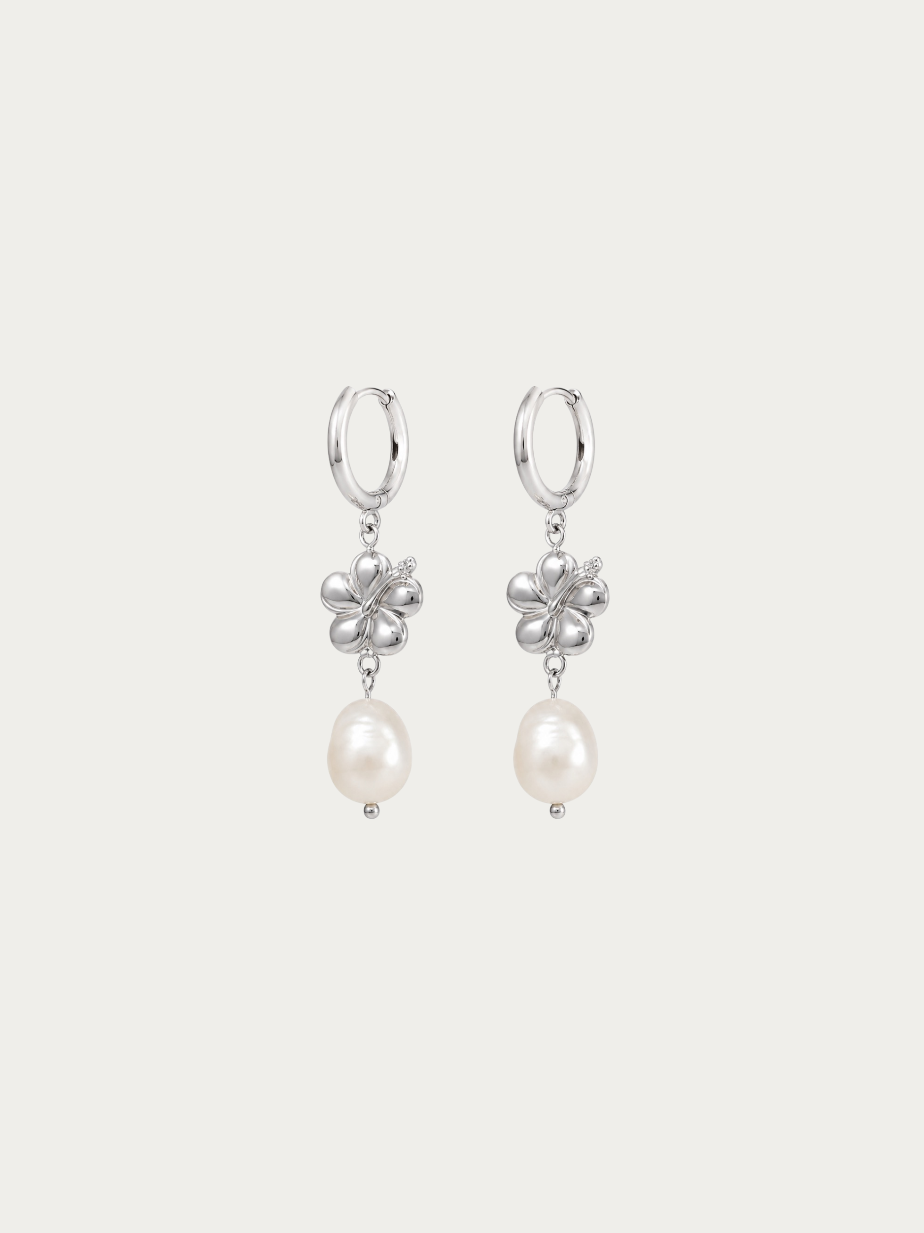 Limited Freshwater Pearl Hibiscus Hoop Earrings with pearl drop, pair