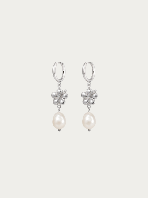 Limited Freshwater Pearl Hibiscus Hoop Earrings with pearl drop, pair