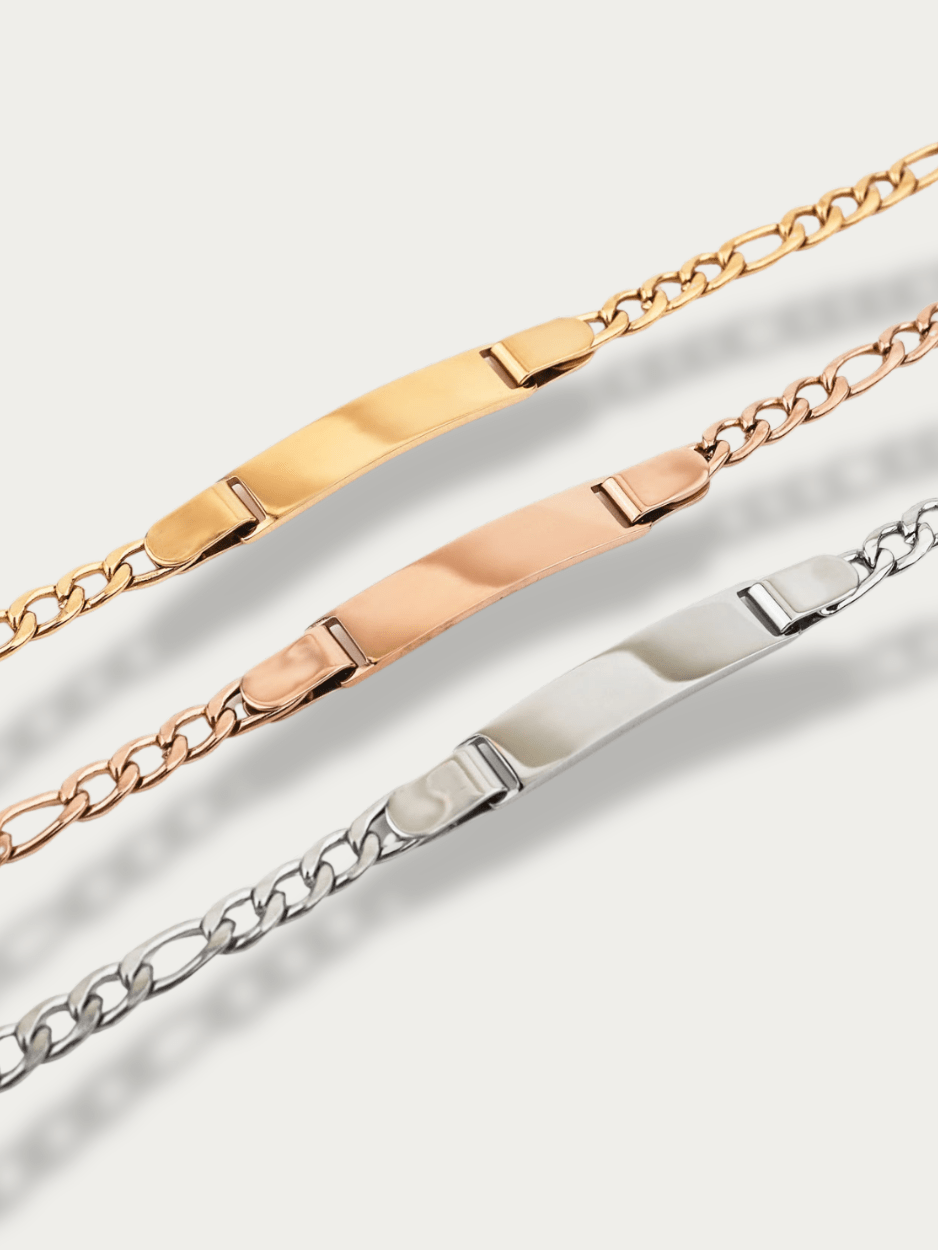 Lullaby Junior Figaro Bracelet in gold, silver and rose gold tone side by side comparison flatlay