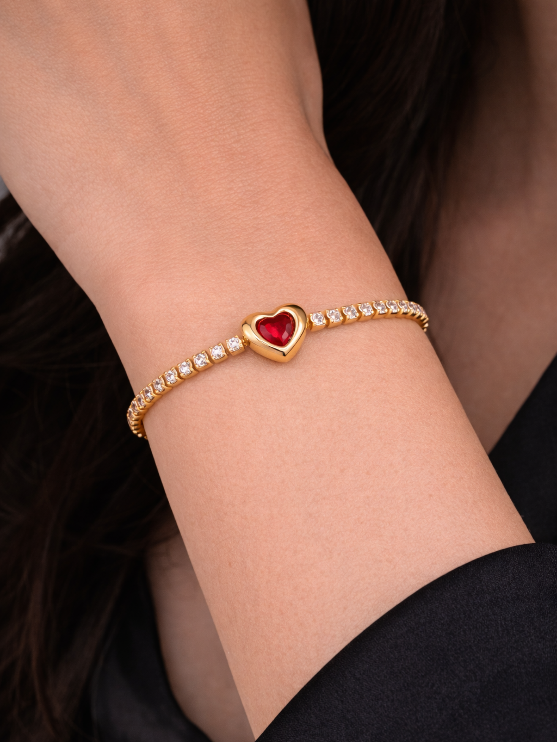ruby heart bracelet worn on wrist elegant styling