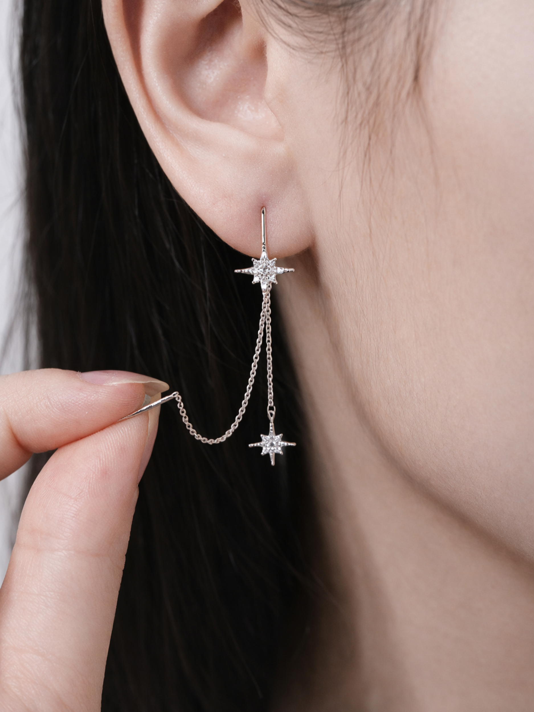 Lyre Starlight Drop Earrings worn on ear, threader chain drop with moissanite star pendants, MNML Malaysia