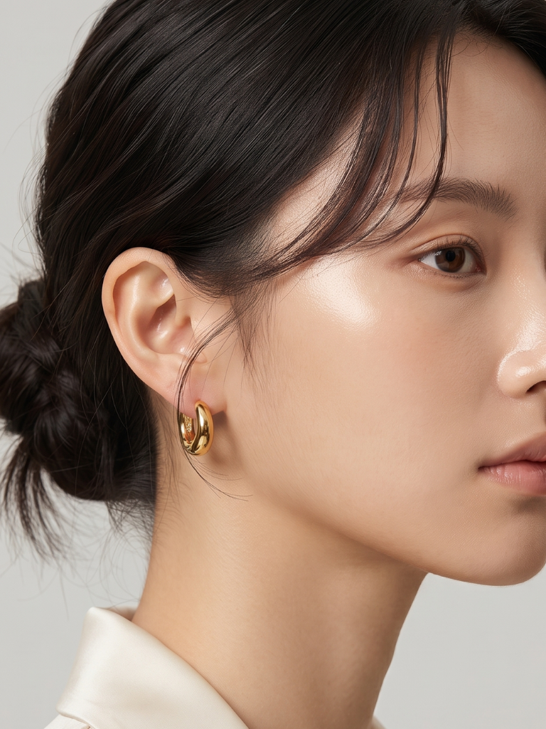 Mason Mini Arc Hoops worn on ear, gold finish