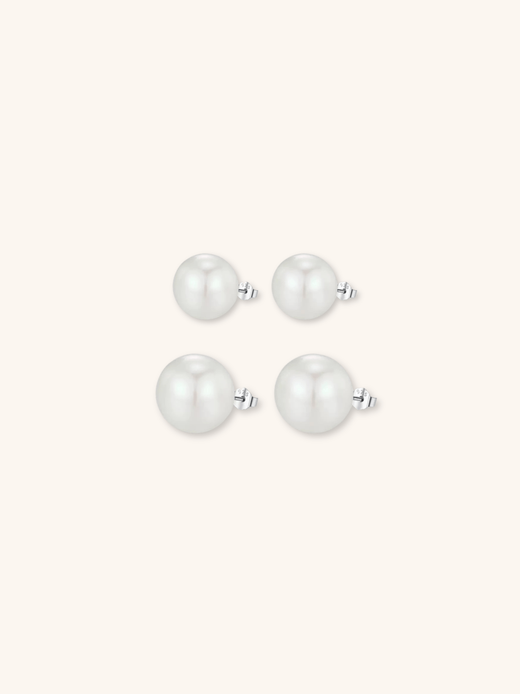 Meghan Pearl Stud Earrings 925 sterling silver showing 8mm and 10mm sizes, product flatlay