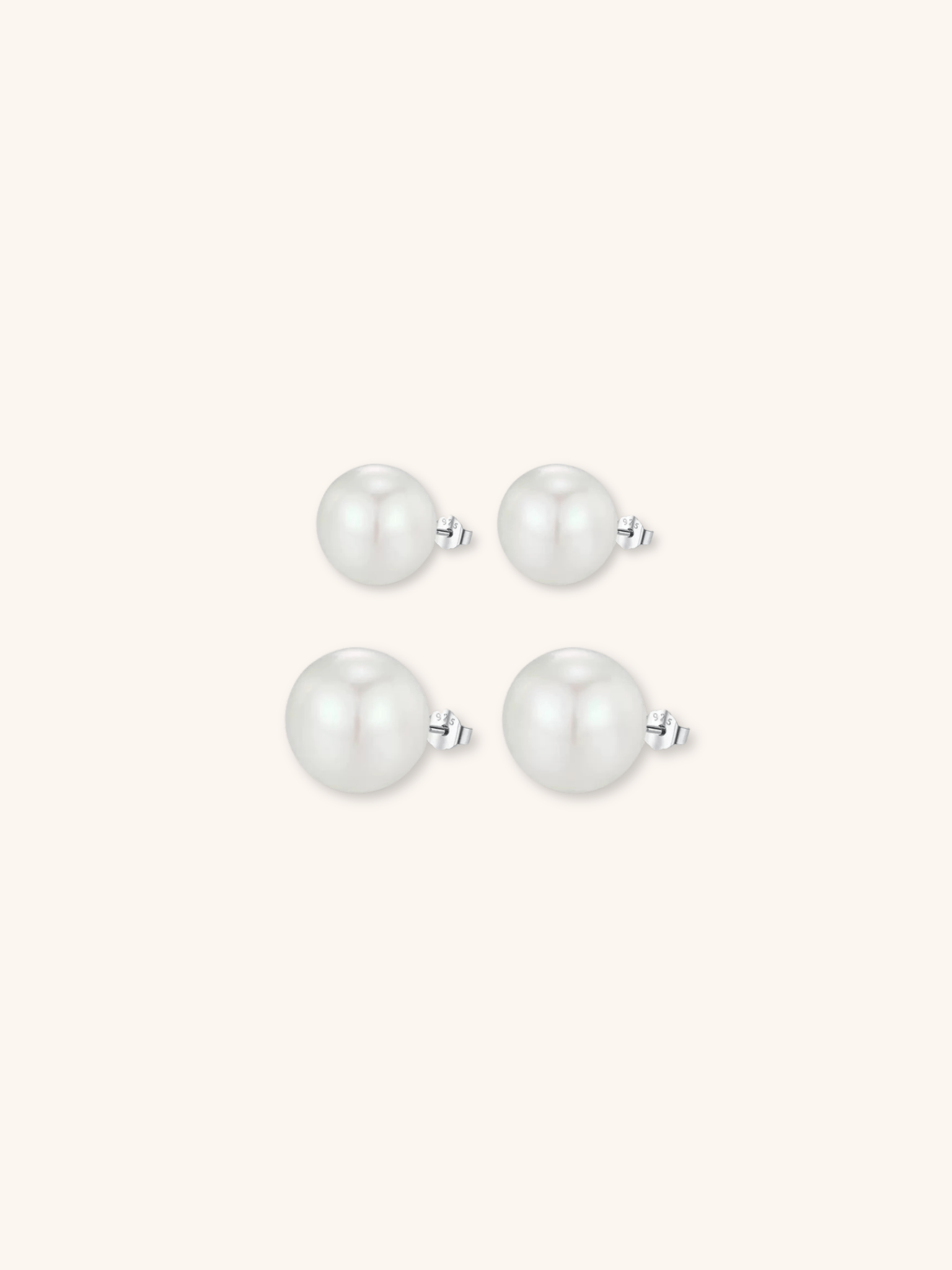 Meghan Pearl Stud Earrings 925 sterling silver showing 8mm and 10mm sizes, product flatlay