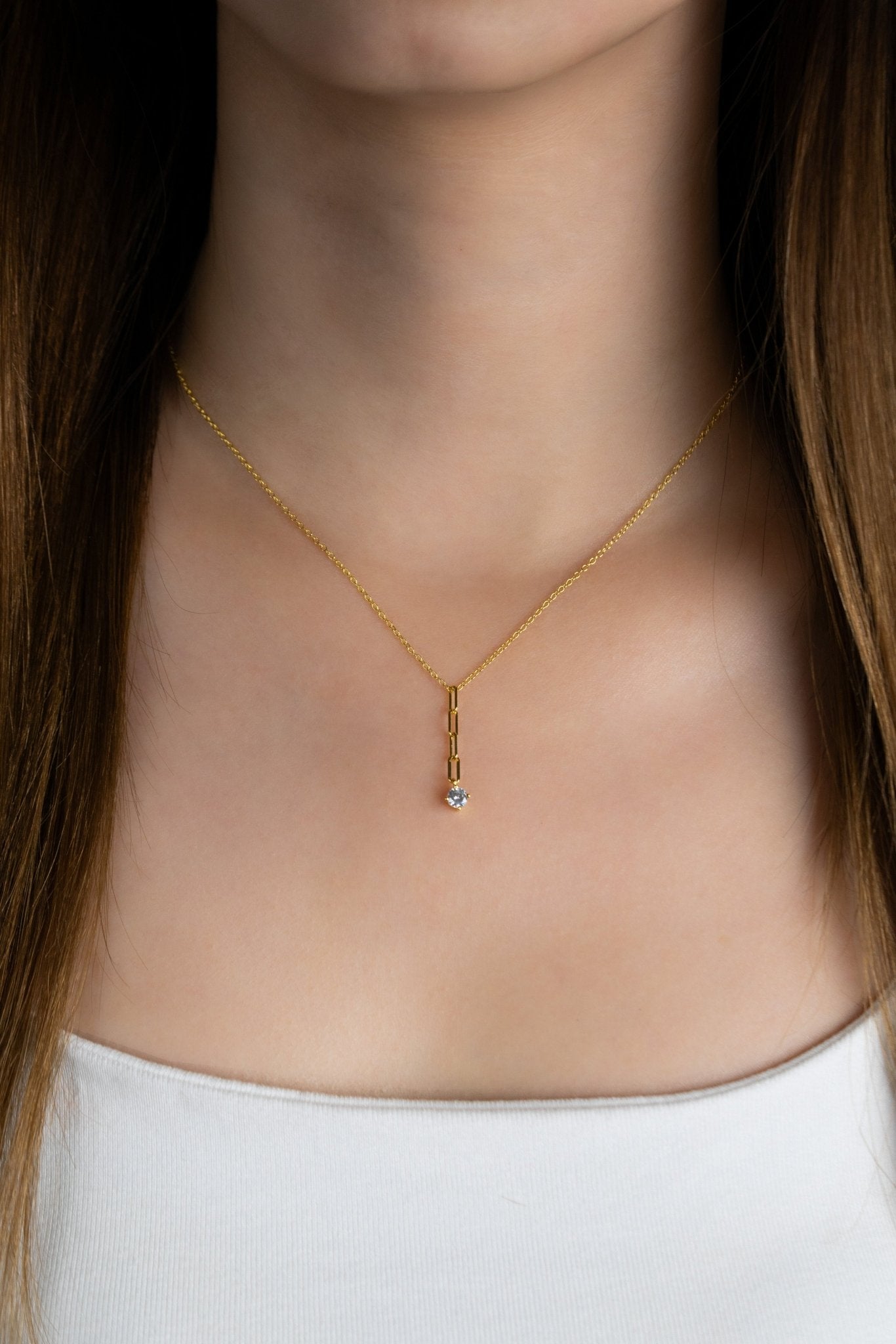 Model wearing MILLER Diamond Paperclip Necklace at the collarbone