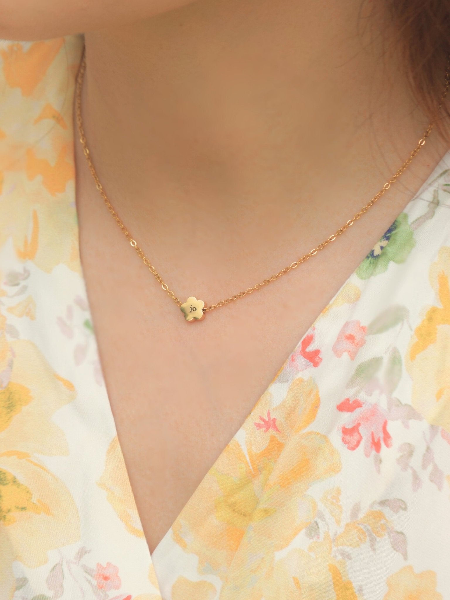 Mini Flower Engravable Necklace silver tone worn on neck, minimalist floral necklace Malaysia lifestyle