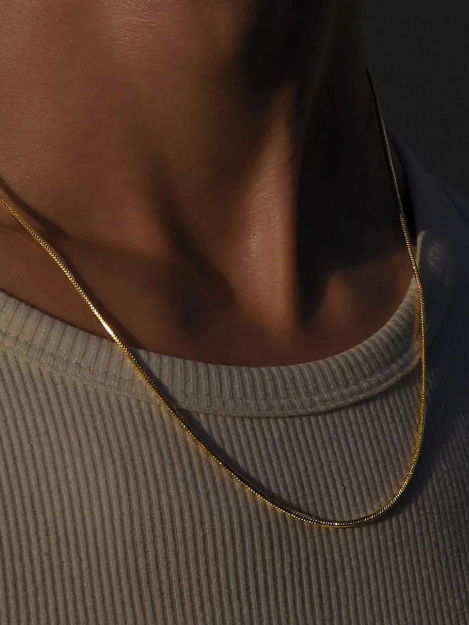 Minimalist Snake Chain Necklace gold tone worn on neck, titanium chain necklace Malaysia lifestyle