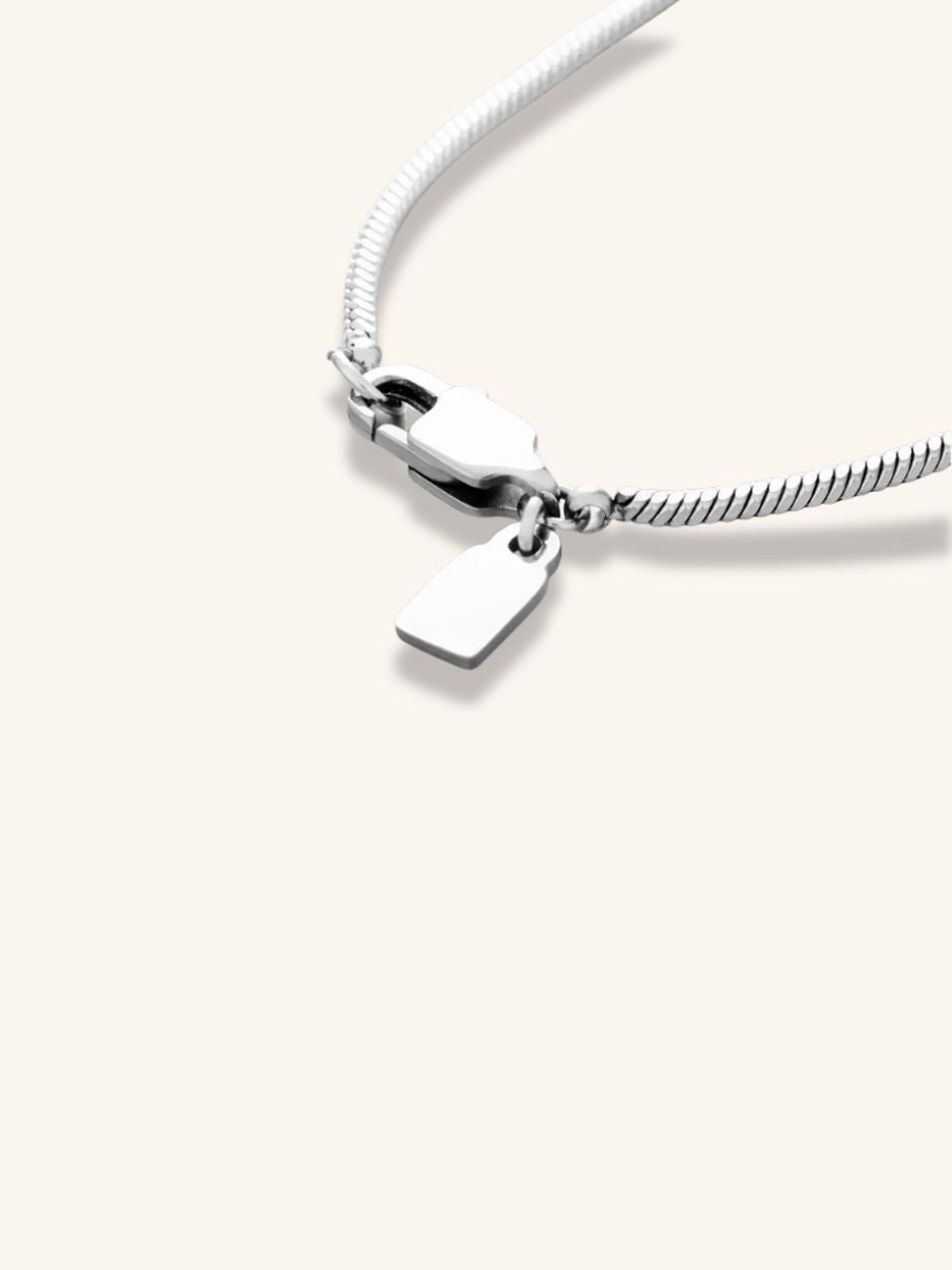 Close-up of smooth round snake chain links on Minimalist Snake Chain Necklace, silver tone titanium
