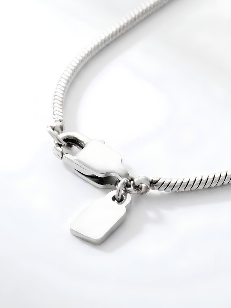 Macro detail of Minimalist Snake Chain Necklace lobster clasp and MNML tag in silver