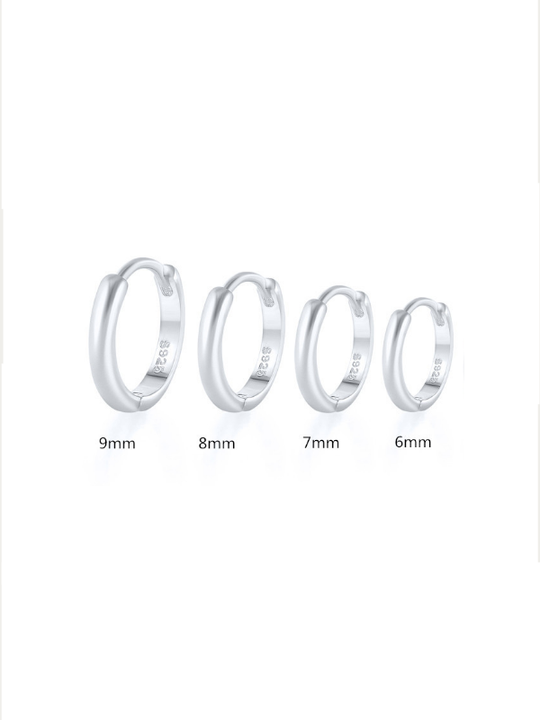 MNML Ayla Essential Huggie size comparison — 6mm, 7mm, 8mm, and 9mm diameter options