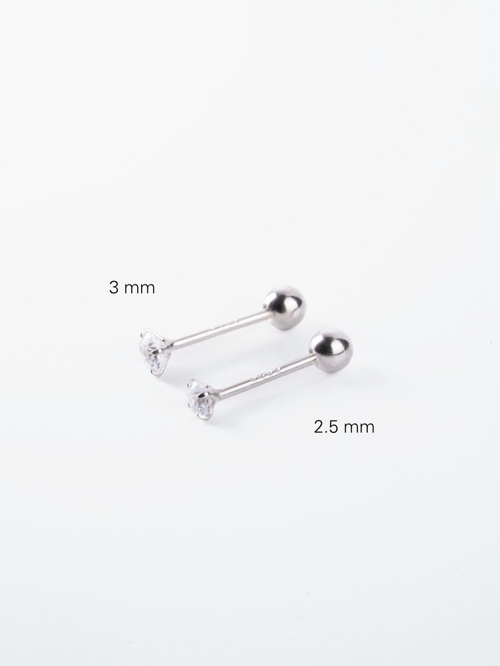 MNML Basic Diamond Barbell Stud 3mm vs 2.5mm size comparison — two stone size options