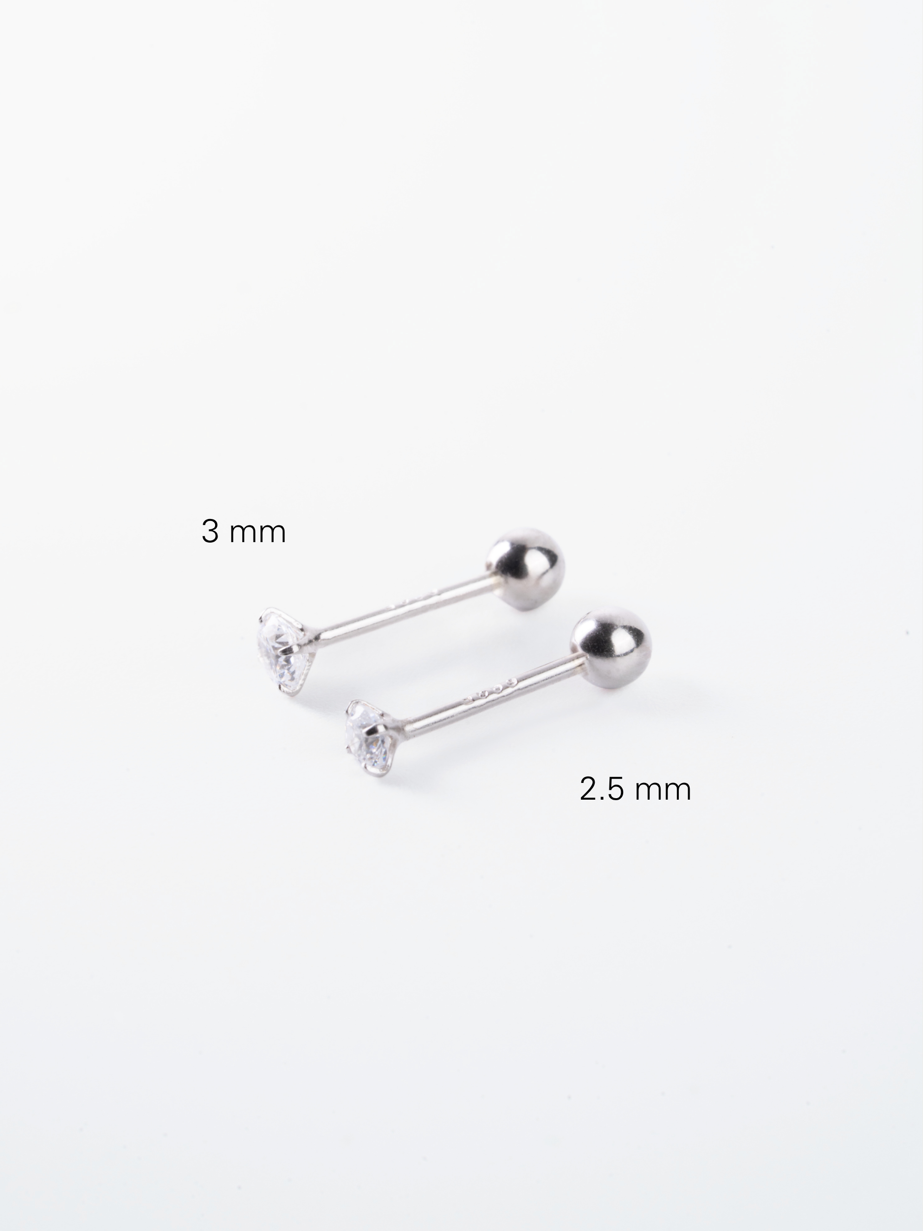 MNML Basic Diamond Barbell Stud 3mm vs 2.5mm size comparison — two stone size options