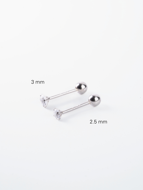 MNML Basic Diamond Barbell Stud 3mm vs 2.5mm size comparison — two stone size options