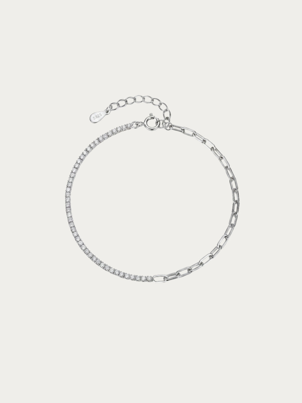 Bloom Trace Semi Tennis Bracelet in rhodium-plated 925 sterling silver, with a CZ tennis line and paperclip chain, front view