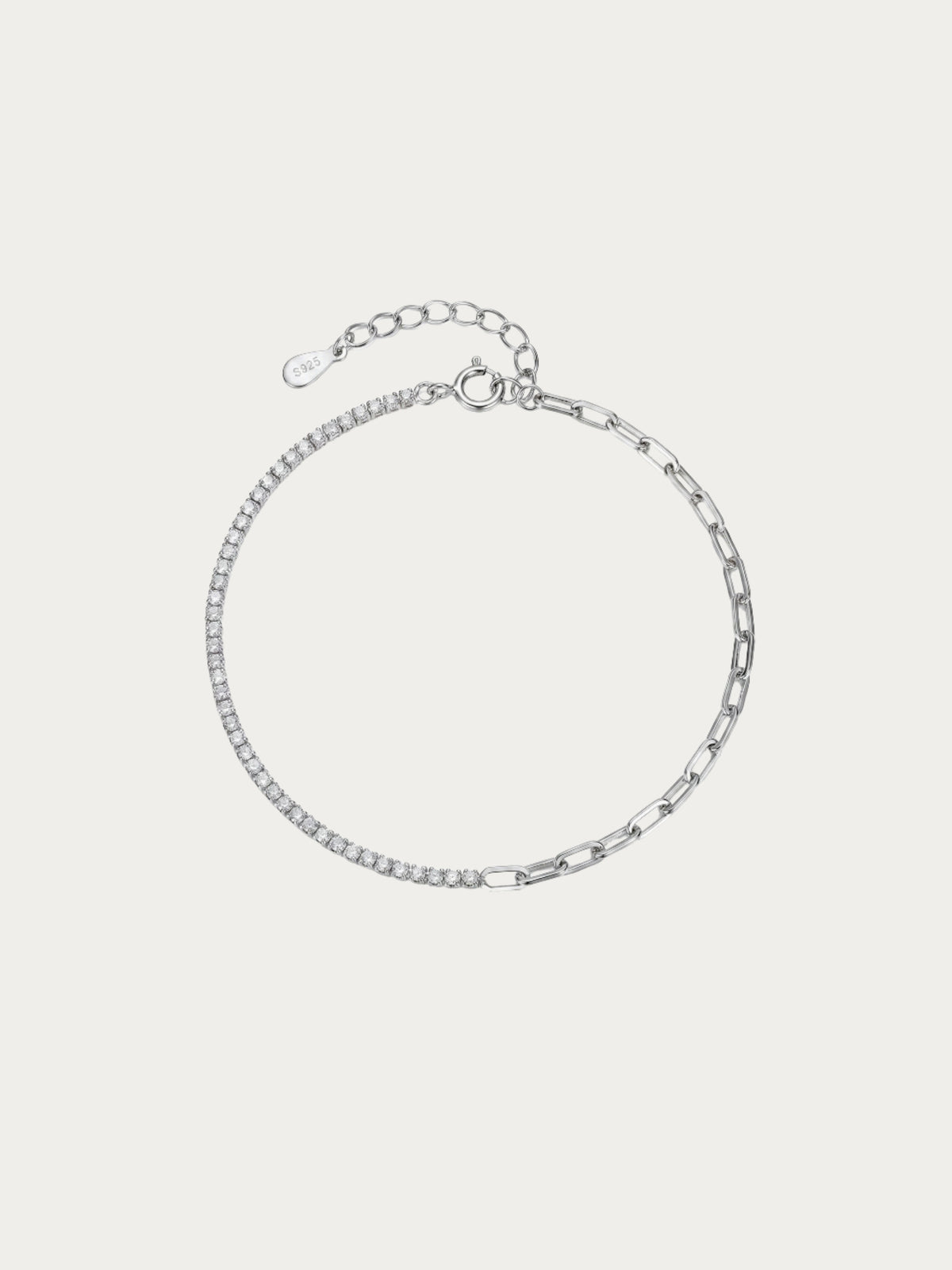 Bloom Trace Semi Tennis Bracelet in rhodium-plated 925 sterling silver, with a CZ tennis line and paperclip chain, front view
