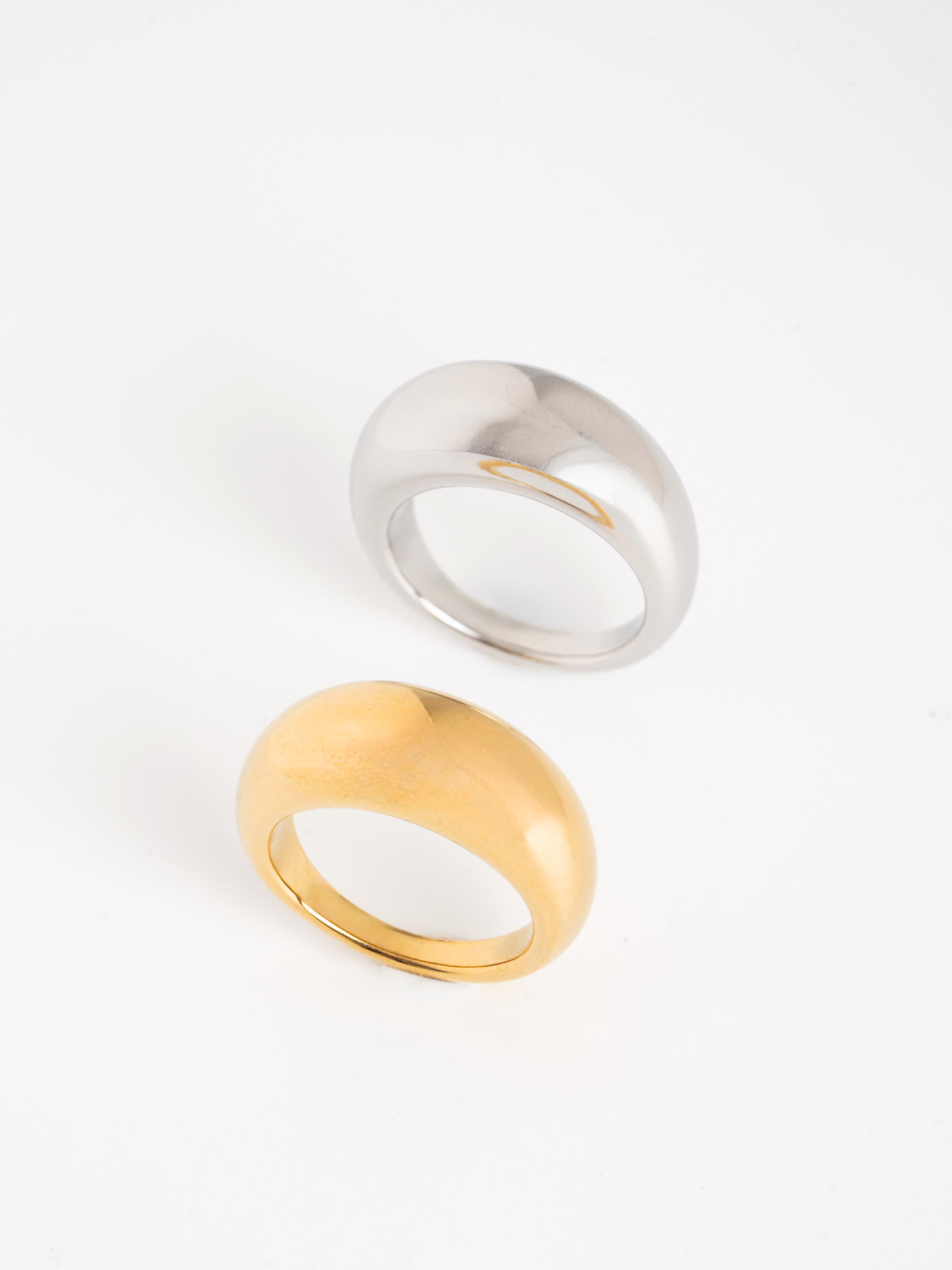 MNML Bold Dome Smooth Ring in silver and gold flat lay — stainless steel dome ring Malaysia