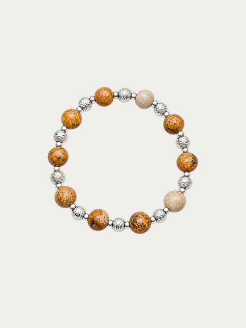 Canyon Bead Bracelet with earth-toned beads and textured stainless steel spacers, front view
