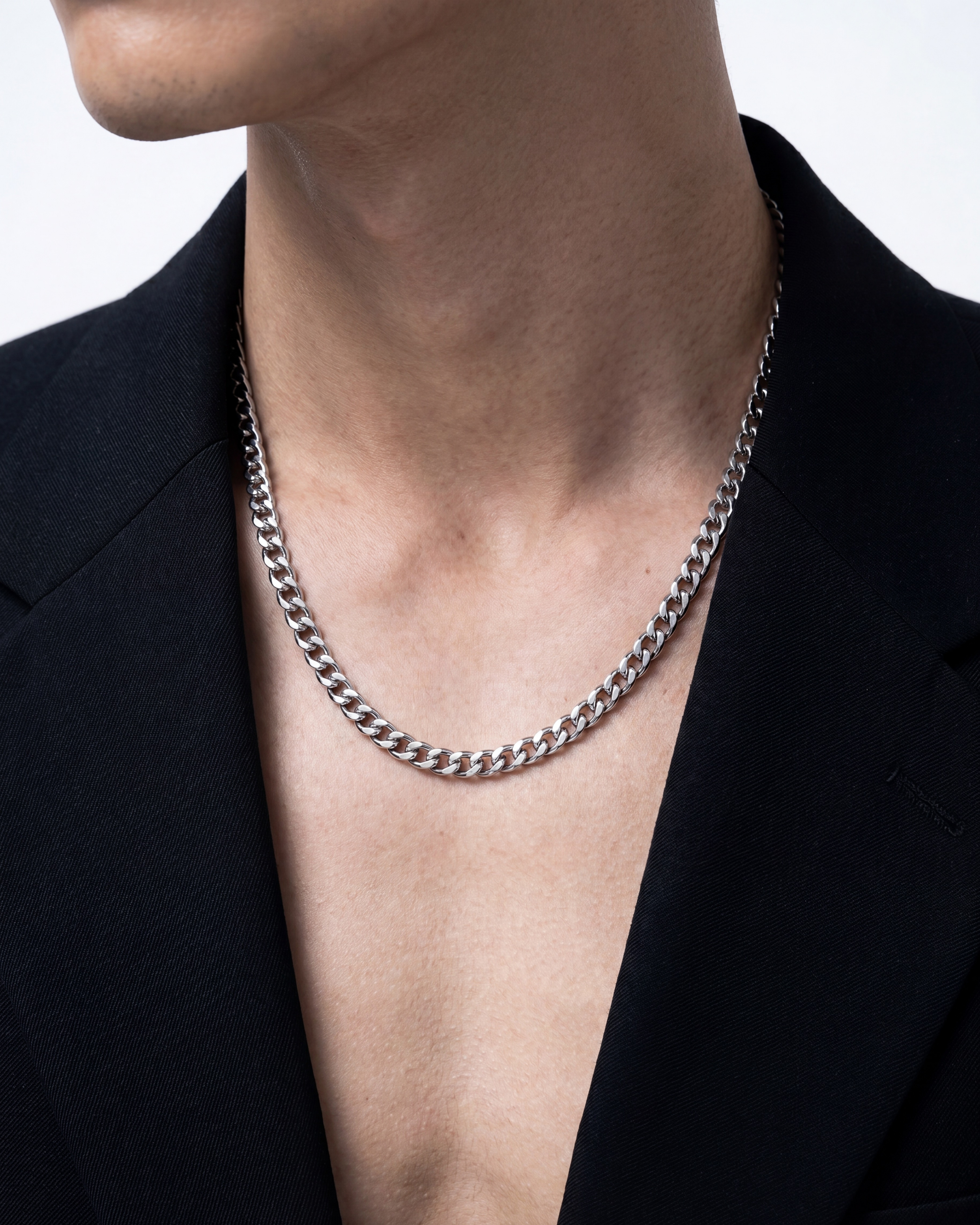 Male model wearing MNML Carter Cuban Chain Necklace at chest — men's Cuban necklace Malaysia