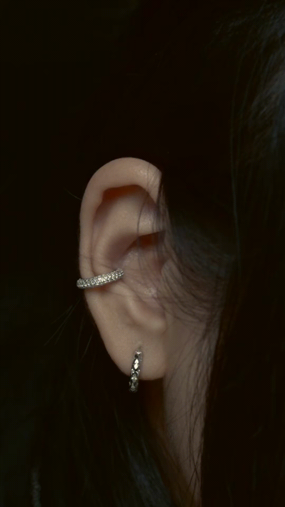 MNML Celine Pavé Ear Cuff styled in ear stack with hoops and studs — Malaysia