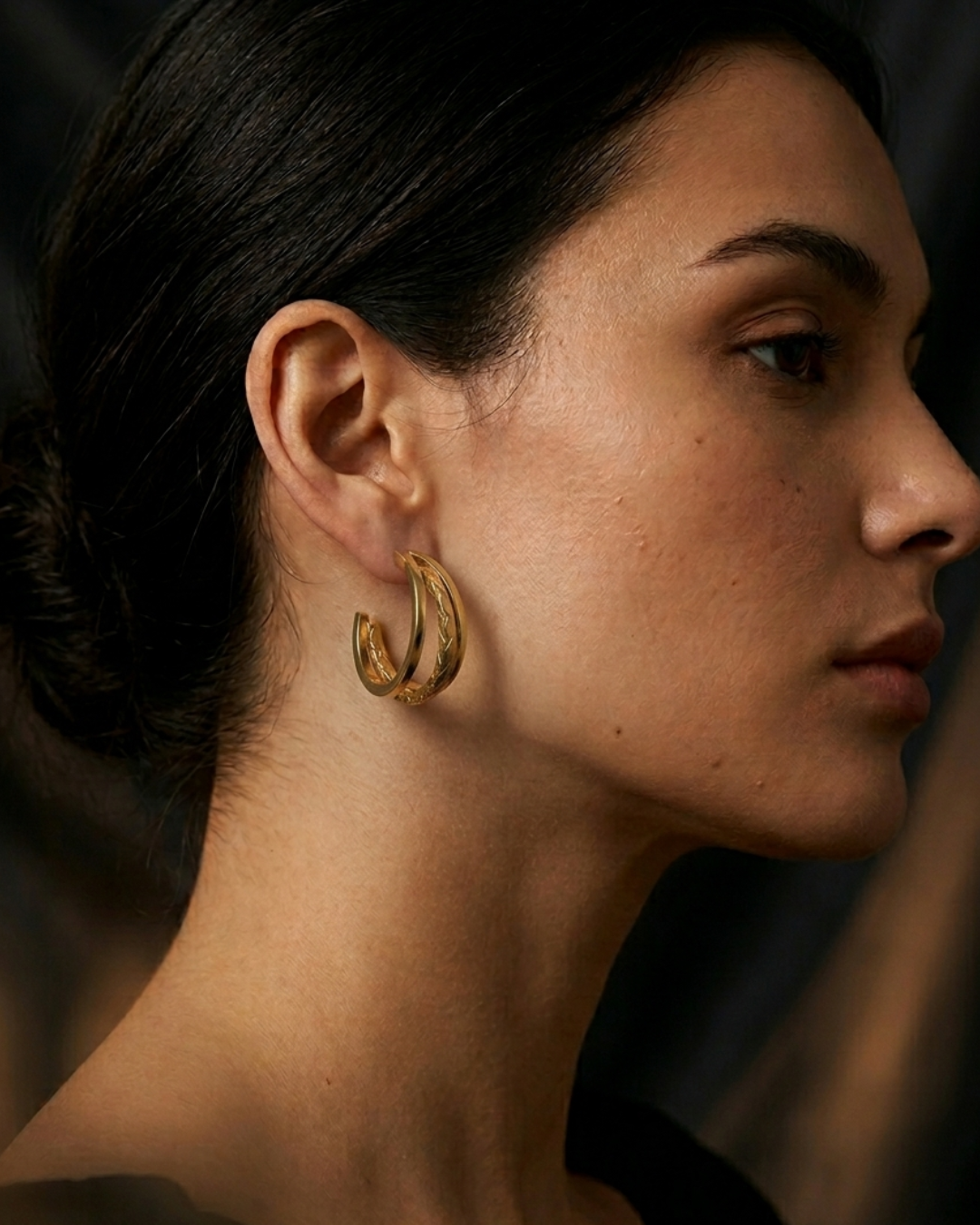 Close-up of dual texture design on MNML Charlotte Hoop Earrings — polished and faceted detail
