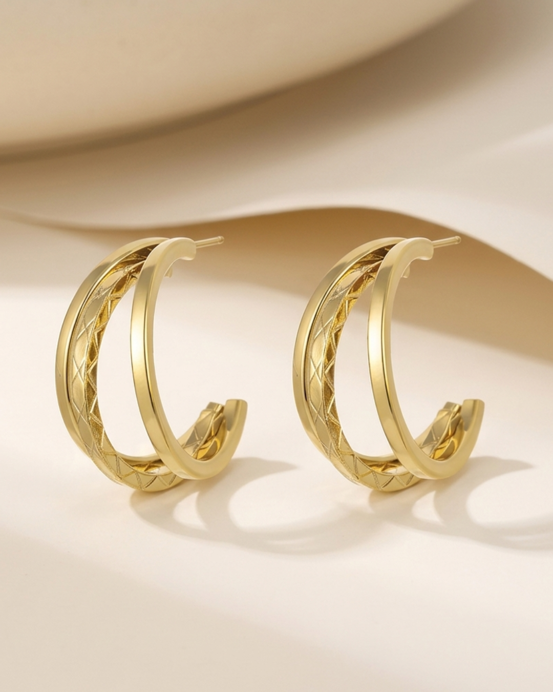 MNML Charlotte Dual Texture Hoop Earrings pair flat lay — gold titanium steel jewelry Malaysia