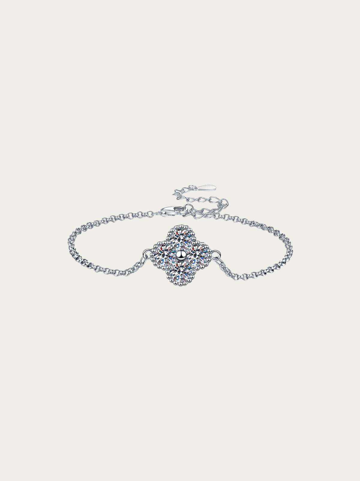 Clara Fortune clover bracelet with a moissanite four-leaf clover on a fine 925 sterling silver chain, front view