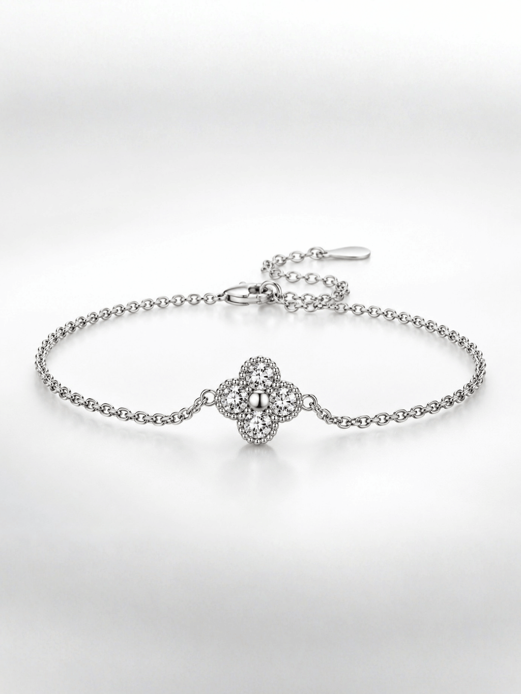 Close-up of the moissanite four-leaf clover on the Clara Fortune bracelet