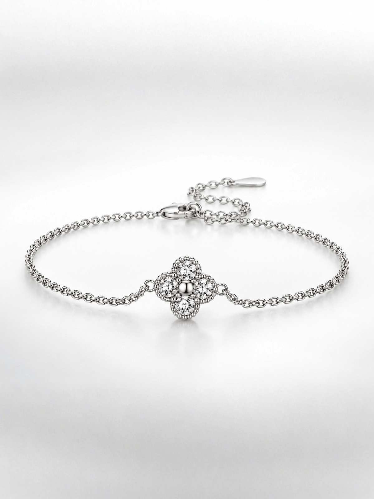 Close-up of the moissanite four-leaf clover on the Clara Fortune bracelet