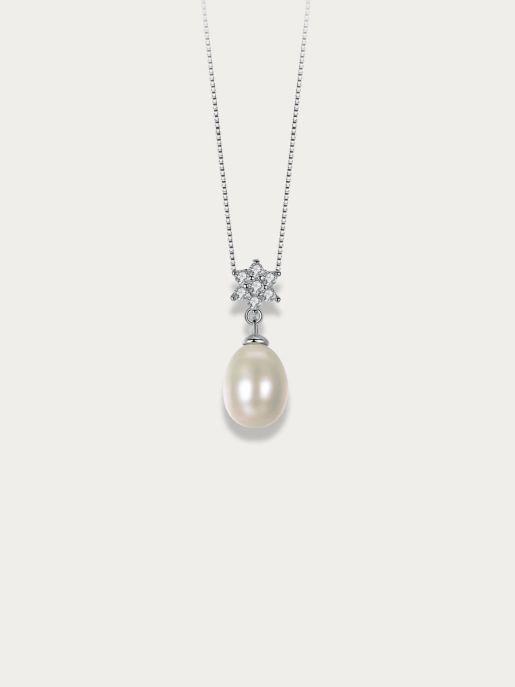 Clara Snow Pearl Necklace with snowflake pendant, 925 sterling silver