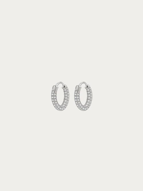 Classic Lush Pavé Huggie Hoop Earrings with a three-row pavé CZ band in rhodium-plated 925 sterling silver, front view