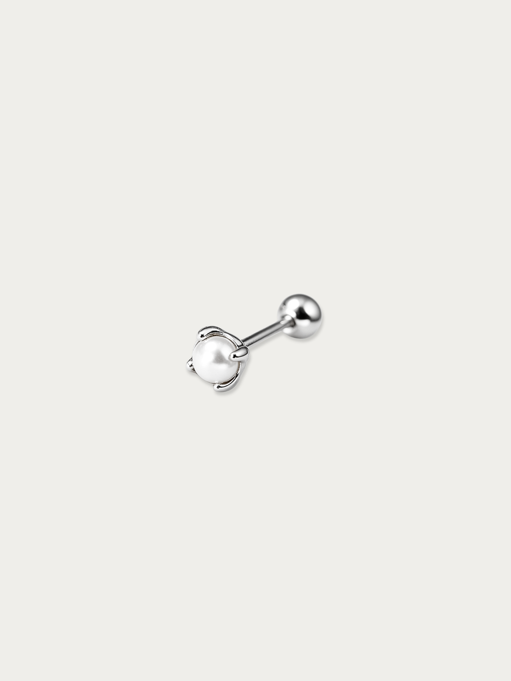 Pearl claw close-up on MNML Clawed Pearl Single Barbell Stud — 3mm pearl four-claw setting detail