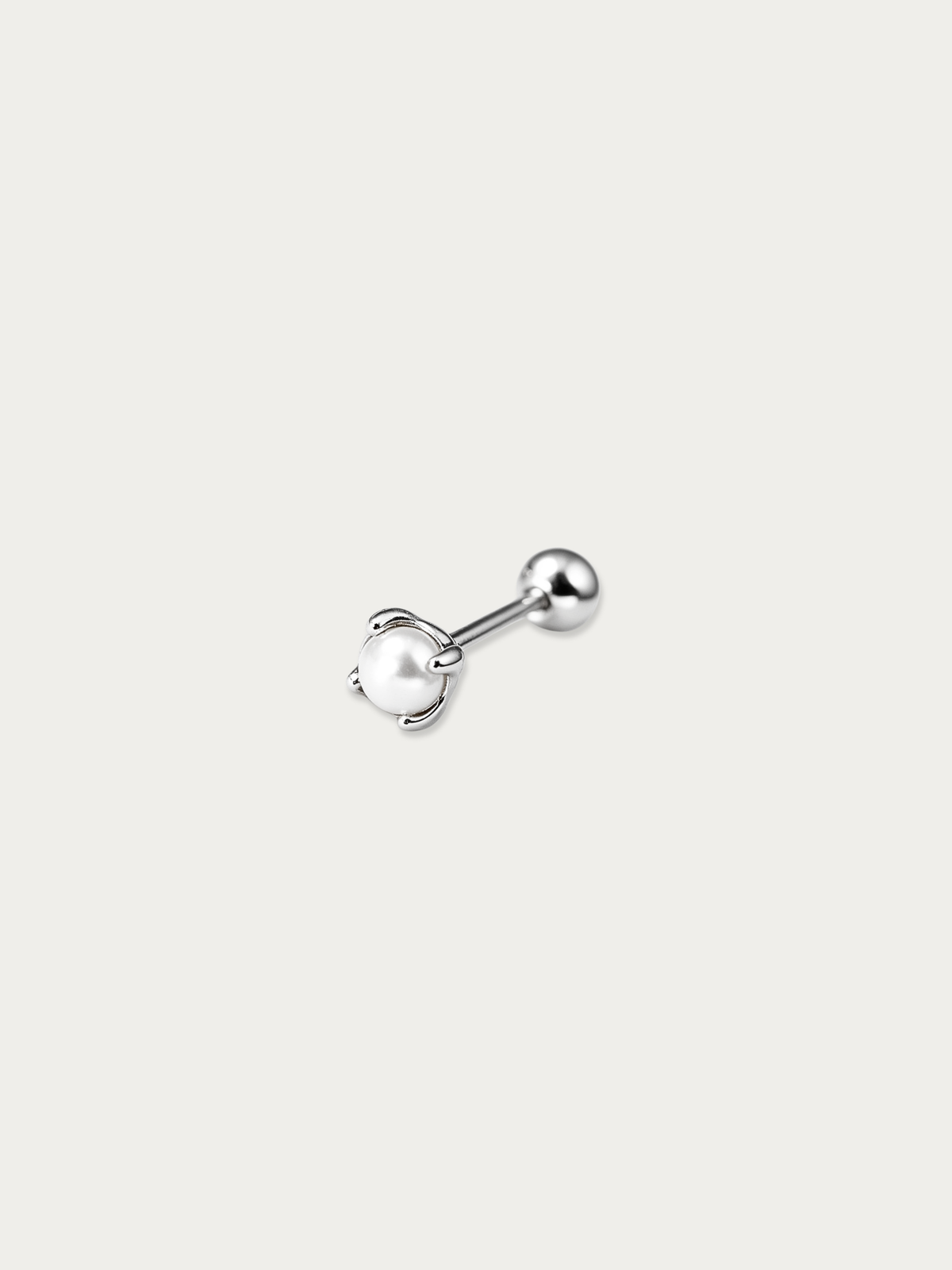 Pearl claw close-up on MNML Clawed Pearl Single Barbell Stud — 3mm pearl four-claw setting detail