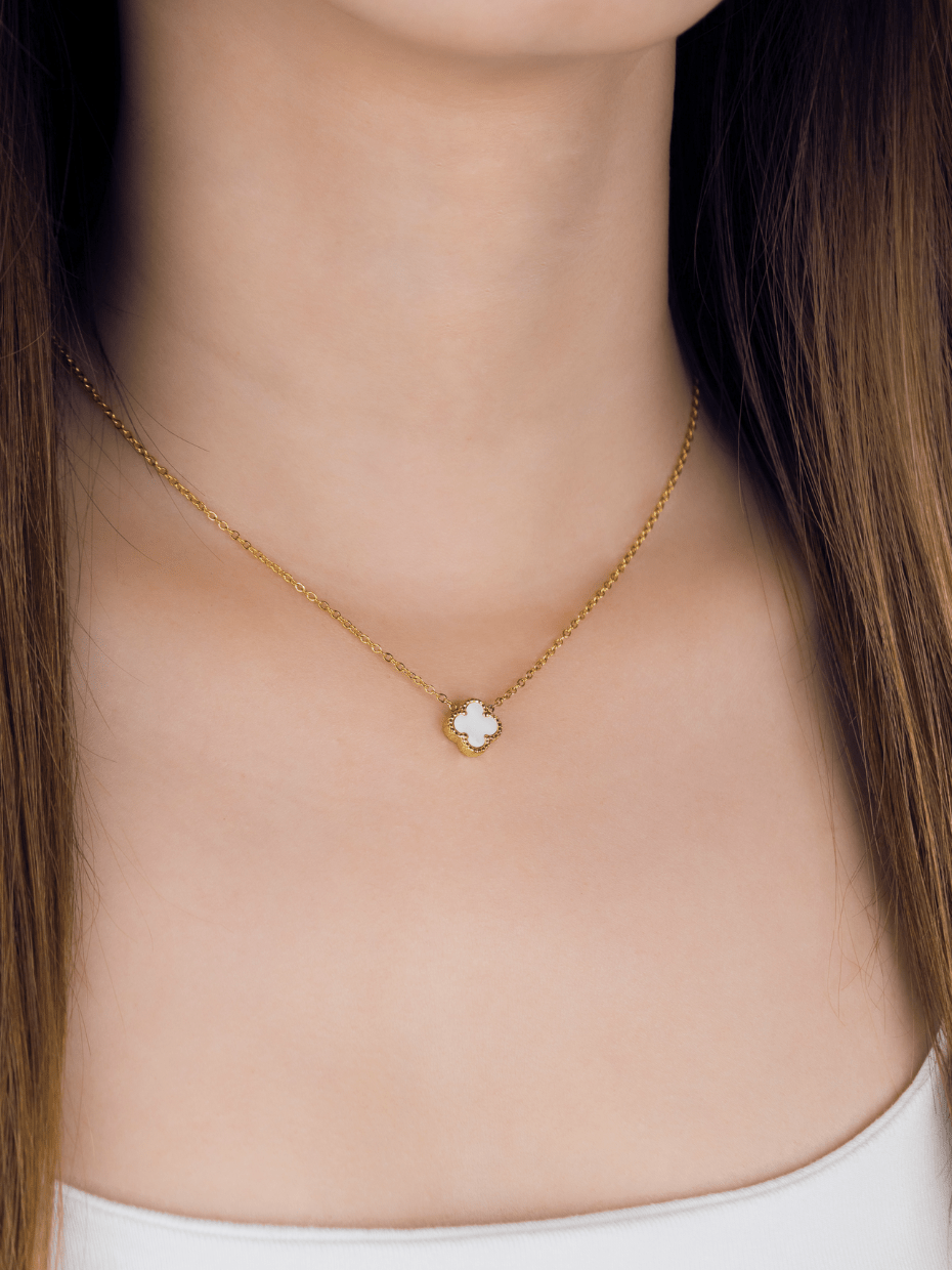 Model wearing MNML Clover Duo Cable Chain Necklace at collarbone — everyday clover necklace Malaysia
